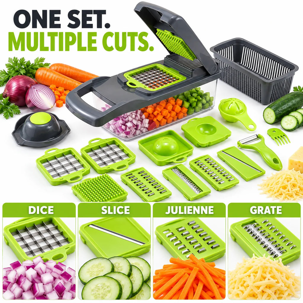 Effortless Multi-Functional Vegetable Chopper with 7 Interchangeable Blades, Quick & Uniform Dicing, Slicing, Grating & Shredding, BPA-Free Kitchen Tool with Container