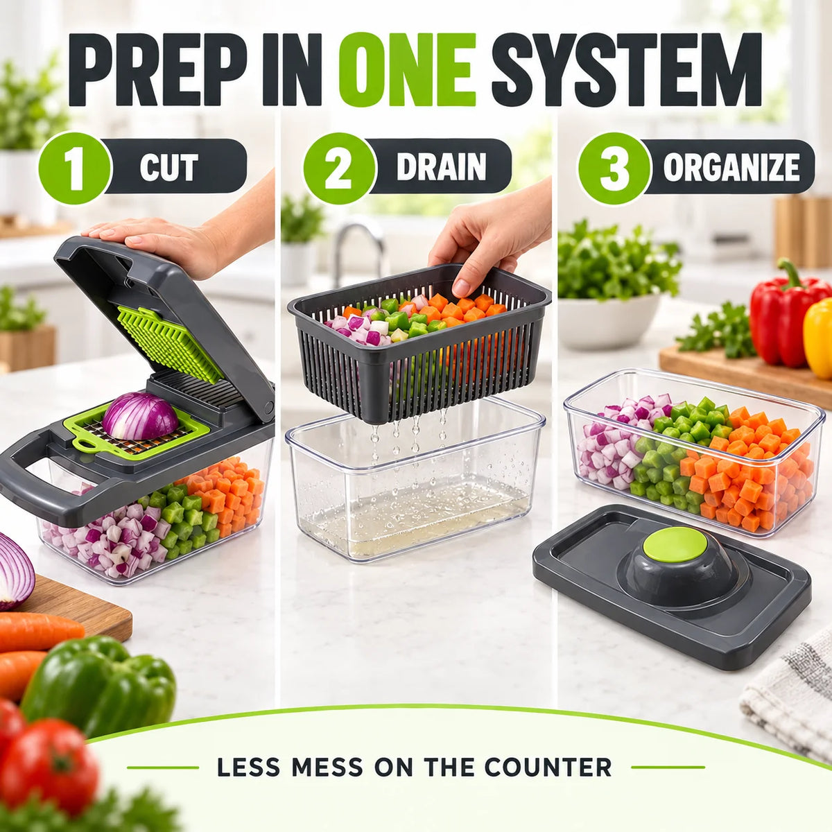 Effortless Multi-Functional Vegetable Chopper with 7 Interchangeable Blades, Quick & Uniform Dicing, Slicing, Grating & Shredding, BPA-Free Kitchen Tool with Container