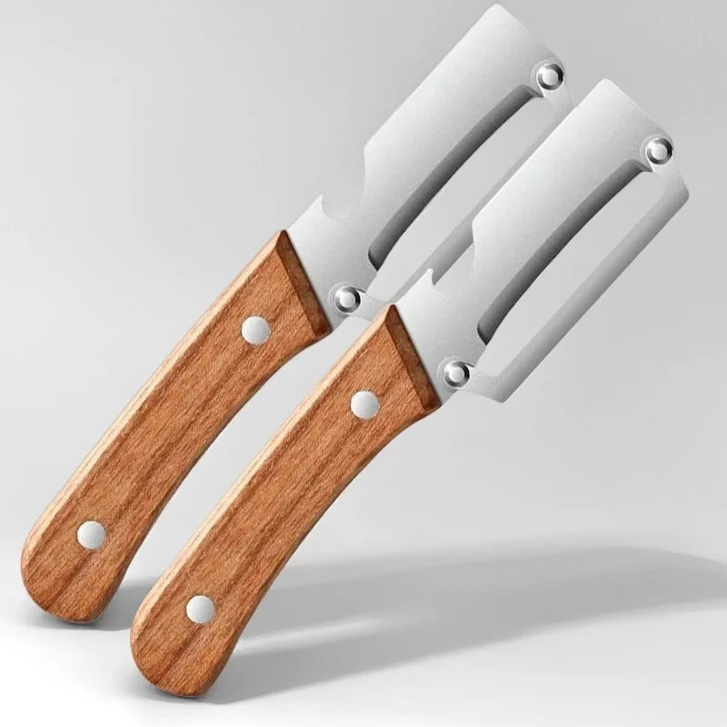 1/2/3/pcs Peeler Oak Three-in-one Stainless Steel Wooden Handle  For Peeling Slicing Onions Cutting Sugar Cane Cutting Fruits