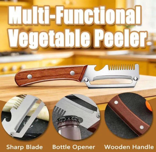 1/2/3/pcs Peeler Oak Three-in-one Stainless Steel Wooden Handle  For Peeling Slicing Onions Cutting Sugar Cane Cutting Fruits