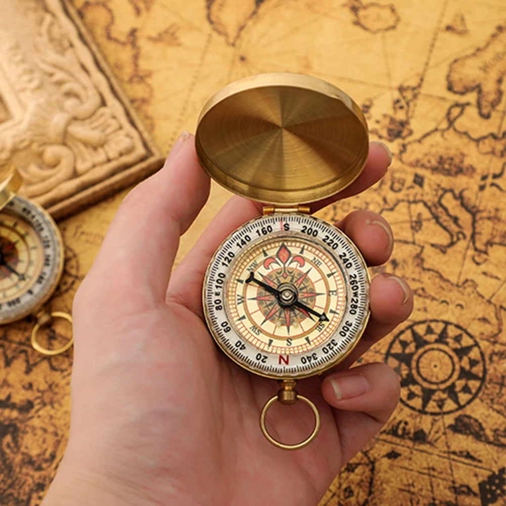Outdoor Compass Pure Copper Multifunctional Mountaineering Camping Hiking Mini Luminous Retro Flip Compasses Outdoor Tool
