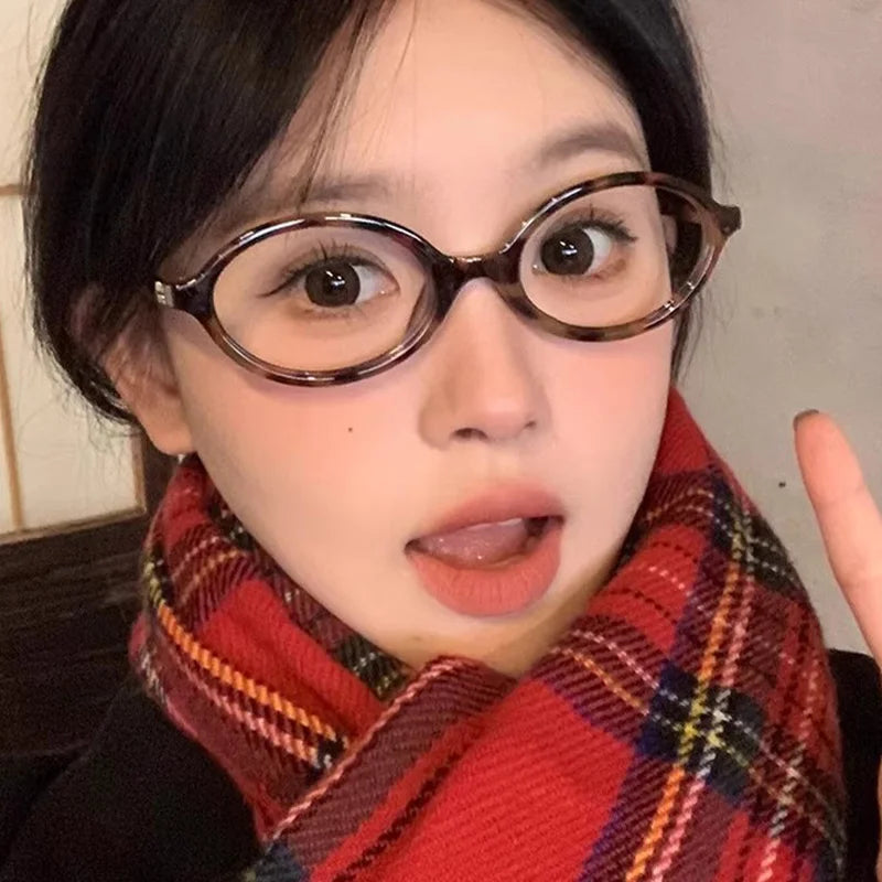 Japanese Black Leopard Print Glasses Retro Oval Frame Eyeglasses Sweet Cool Eyewear Trendy Reading Anti Blue Light Eyeglasses