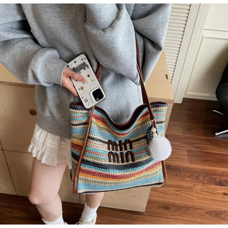 Summer Rainbow Woven Tote Bag for Women, Fashion Large Capacity Casual Versatile Vacation Style Shoulder & Underarm Bag