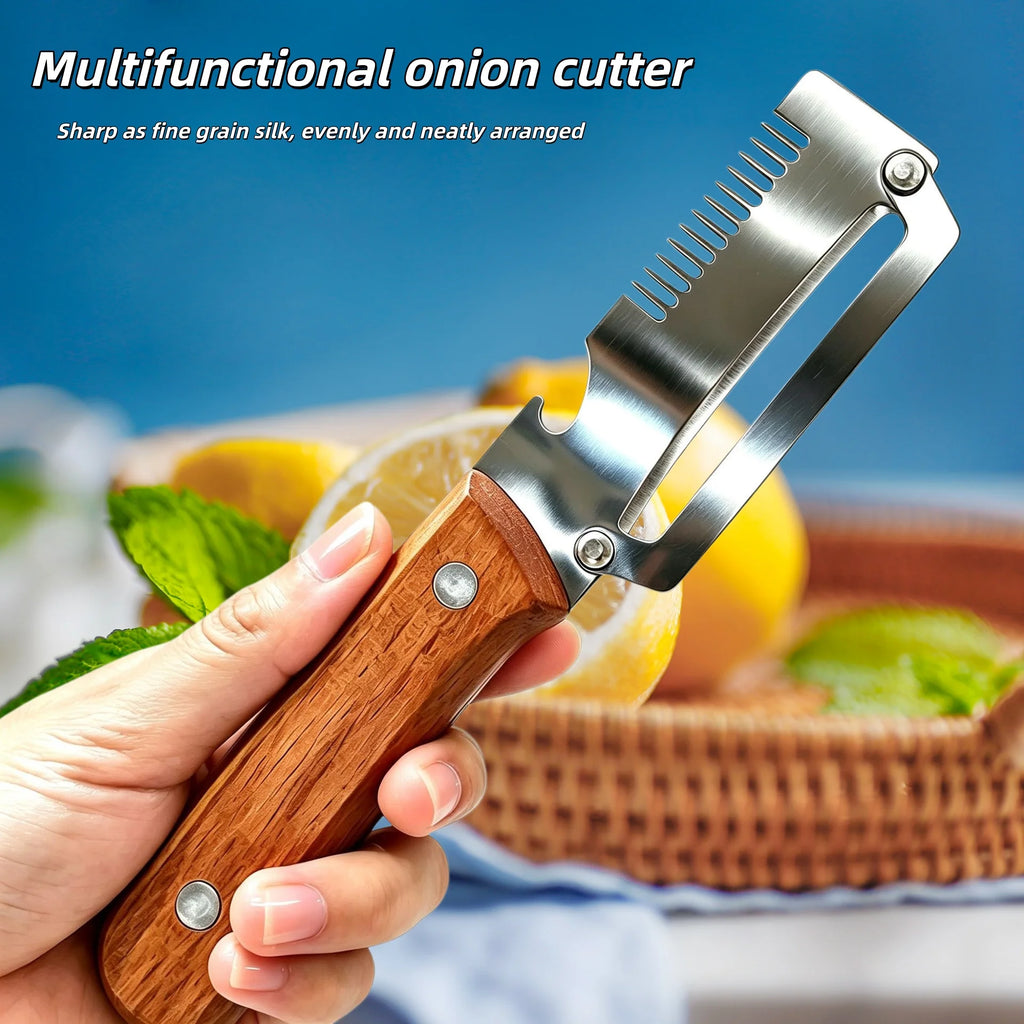 1/2/3/pcs Peeler Oak Three-in-one Stainless Steel Wooden Handle  For Peeling Slicing Onions Cutting Sugar Cane Cutting Fruits