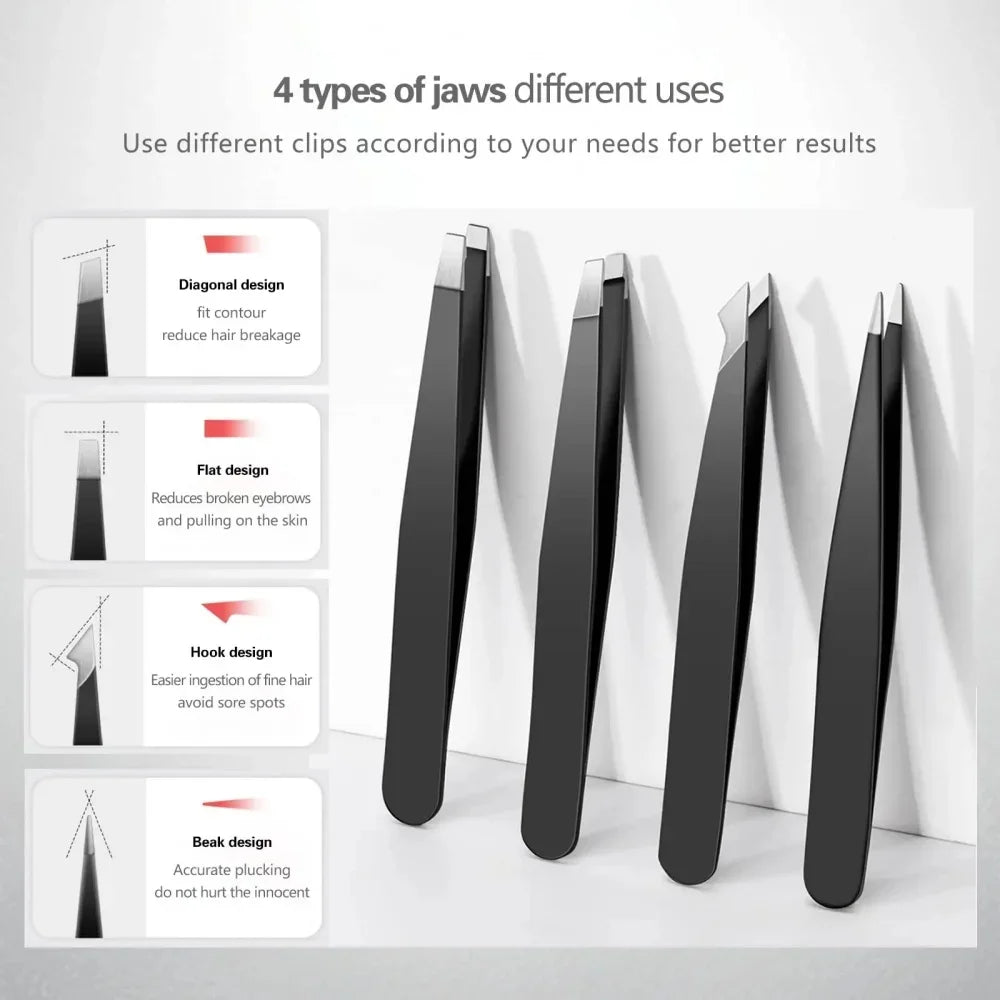 Multi-purpose Eyebrow Tweezers 4-Pack Stainless Steel Black Eyebrow Tweezer with Slant and Flat Point Eye Shaping Beauty Tools
