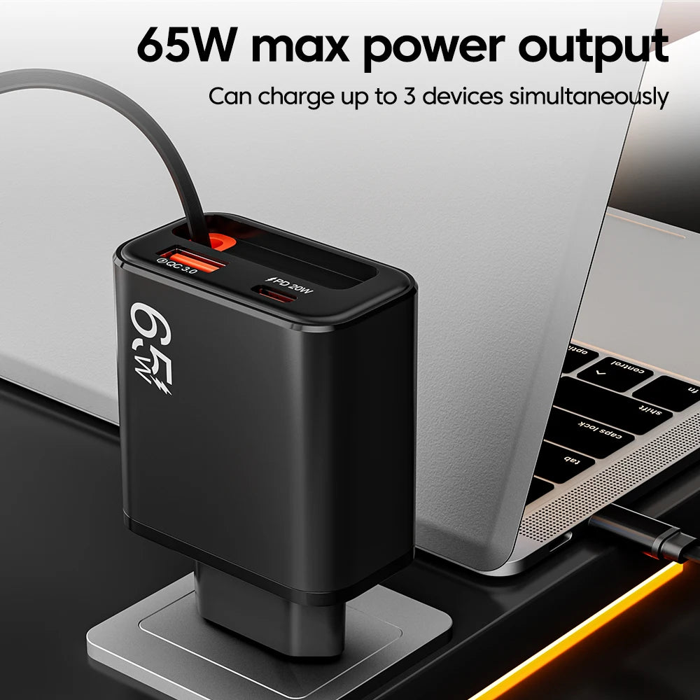 65W USB-C Wall Charger with Retractable Cable Super Fast Charging QC 3.0 USB PD for iPhone 17/16 POCO Xiaomi - Phone Chargers