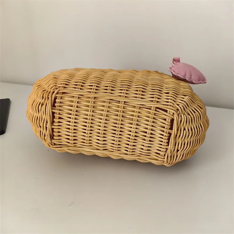 Summer Trend Design Willow Woven Handbag New Casual Handmade Woven Rattan Women's  Vacation Beach Drawstring  Crossbody Bag