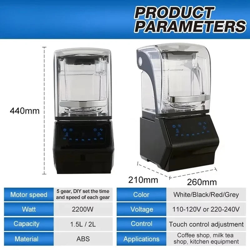 Professional Commercial Soundproof Blender with Noise Reduction Cover, Heavy Duty Smoothie Maker & Food Processor