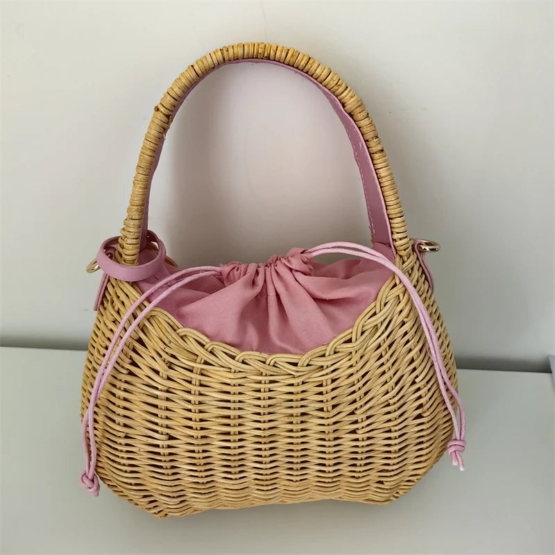 Summer Trend Design Willow Woven Handbag New Casual Handmade Woven Rattan Women's  Vacation Beach Drawstring  Crossbody Bag