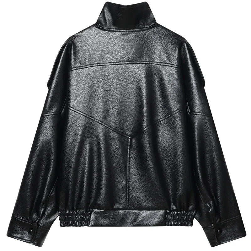 Faux Leather Black Jackets For Woman New Arrival Cropped Oversize Bomber Jacket Zip-Up Long Sleeve Coats Motorcycle Jackets
