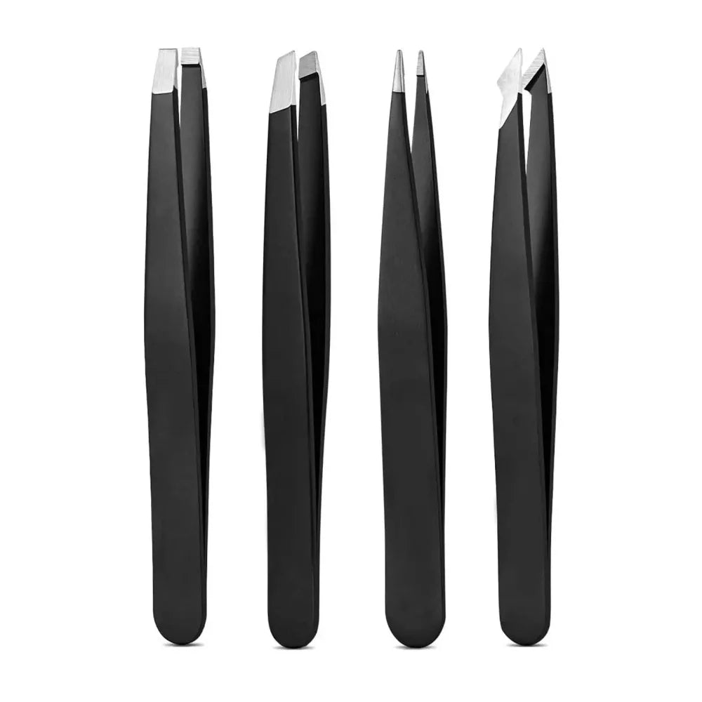 Multi-purpose Eyebrow Tweezers 4-Pack Stainless Steel Black Eyebrow Tweezer with Slant and Flat Point Eye Shaping Beauty Tools