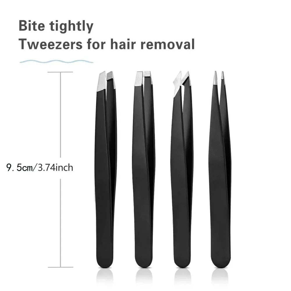 Multi-purpose Eyebrow Tweezers 4-Pack Stainless Steel Black Eyebrow Tweezer with Slant and Flat Point Eye Shaping Beauty Tools