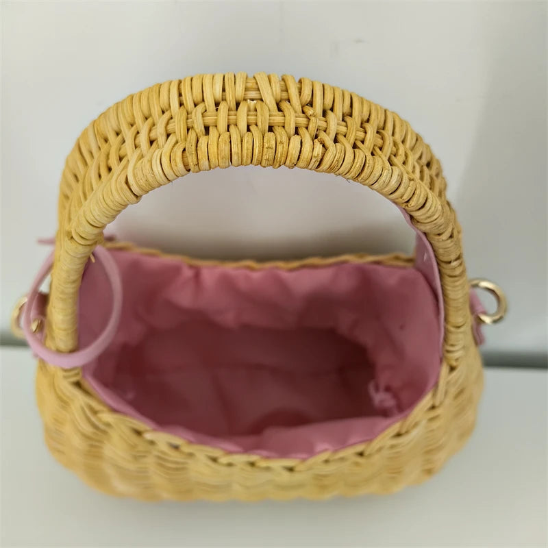 Summer Trend Design Willow Woven Handbag New Casual Handmade Woven Rattan Women's  Vacation Beach Drawstring  Crossbody Bag