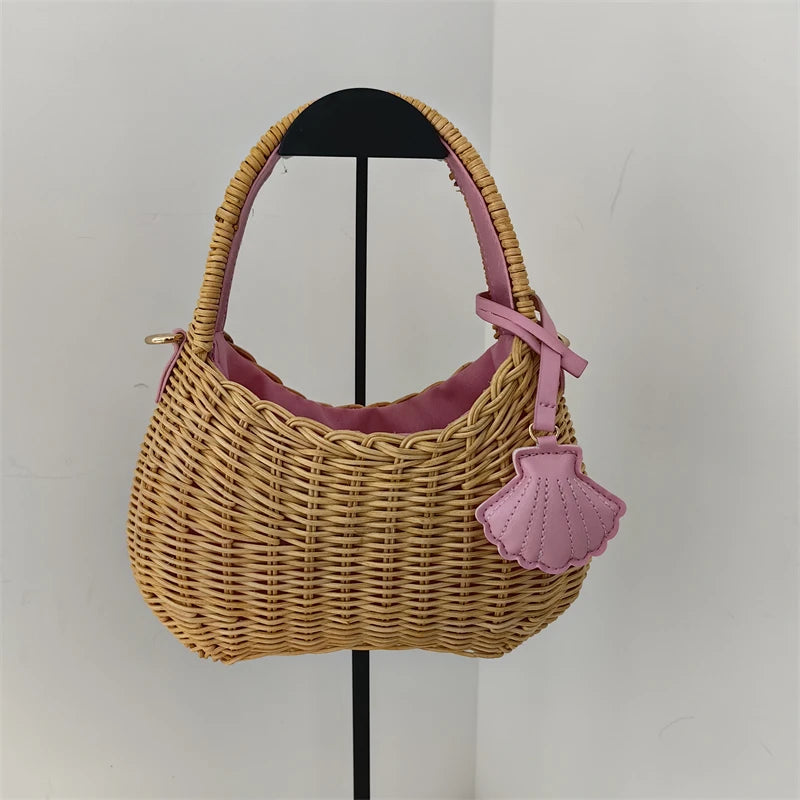 Summer Trend Design Willow Woven Handbag New Casual Handmade Woven Rattan Women's  Vacation Beach Drawstring  Crossbody Bag