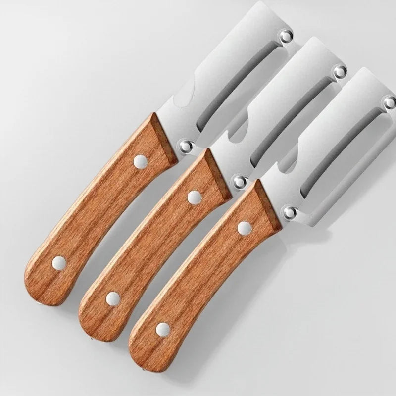 1/2/3/pcs Peeler Oak Three-in-one Stainless Steel Wooden Handle  For Peeling Slicing Onions Cutting Sugar Cane Cutting Fruits