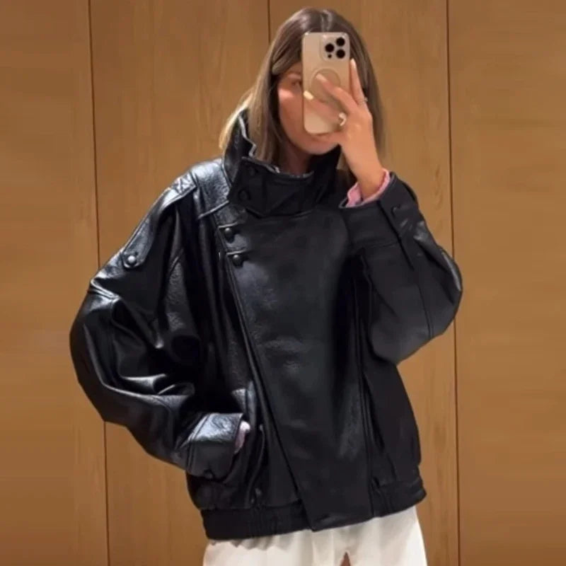 Faux Leather Black Jackets For Woman New Arrival Cropped Oversize Bomber Jacket Zip-Up Long Sleeve Coats Motorcycle Jackets