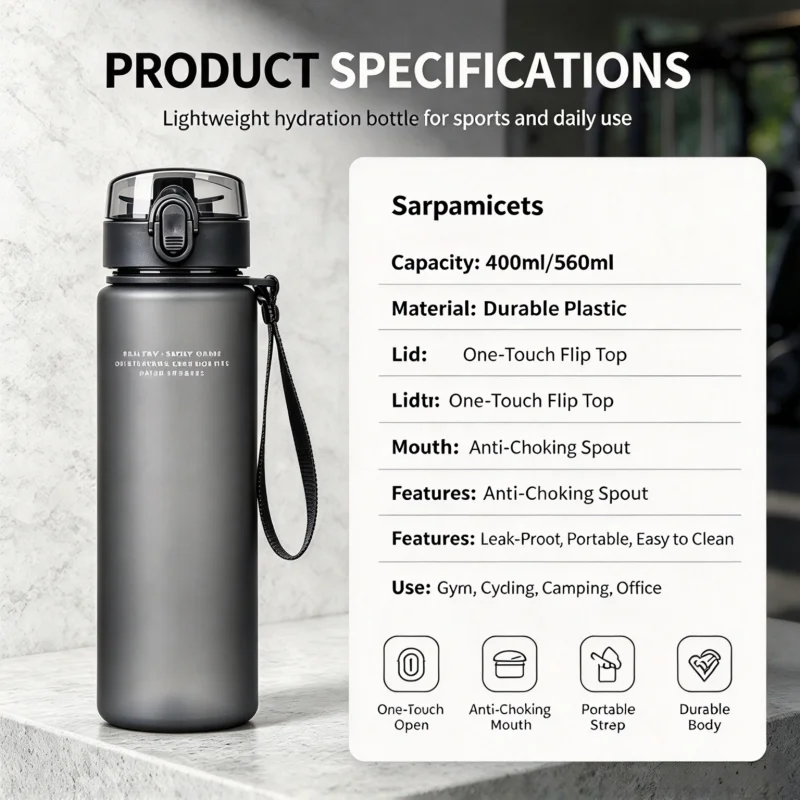 High Quality BPA Free Sports Water Bottle, Leak Proof Portable Drink Bottle for Travel, Hiking, Outdoor & Gym, 400ml/560ml