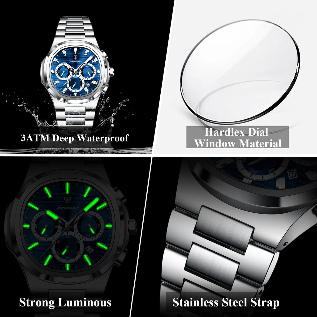 POEDAGAR Business Man Wristwatch Date Chronograph Waterproof Luminous Luxury Men Watch Stainless Steel Quartz Men's Watches Male
