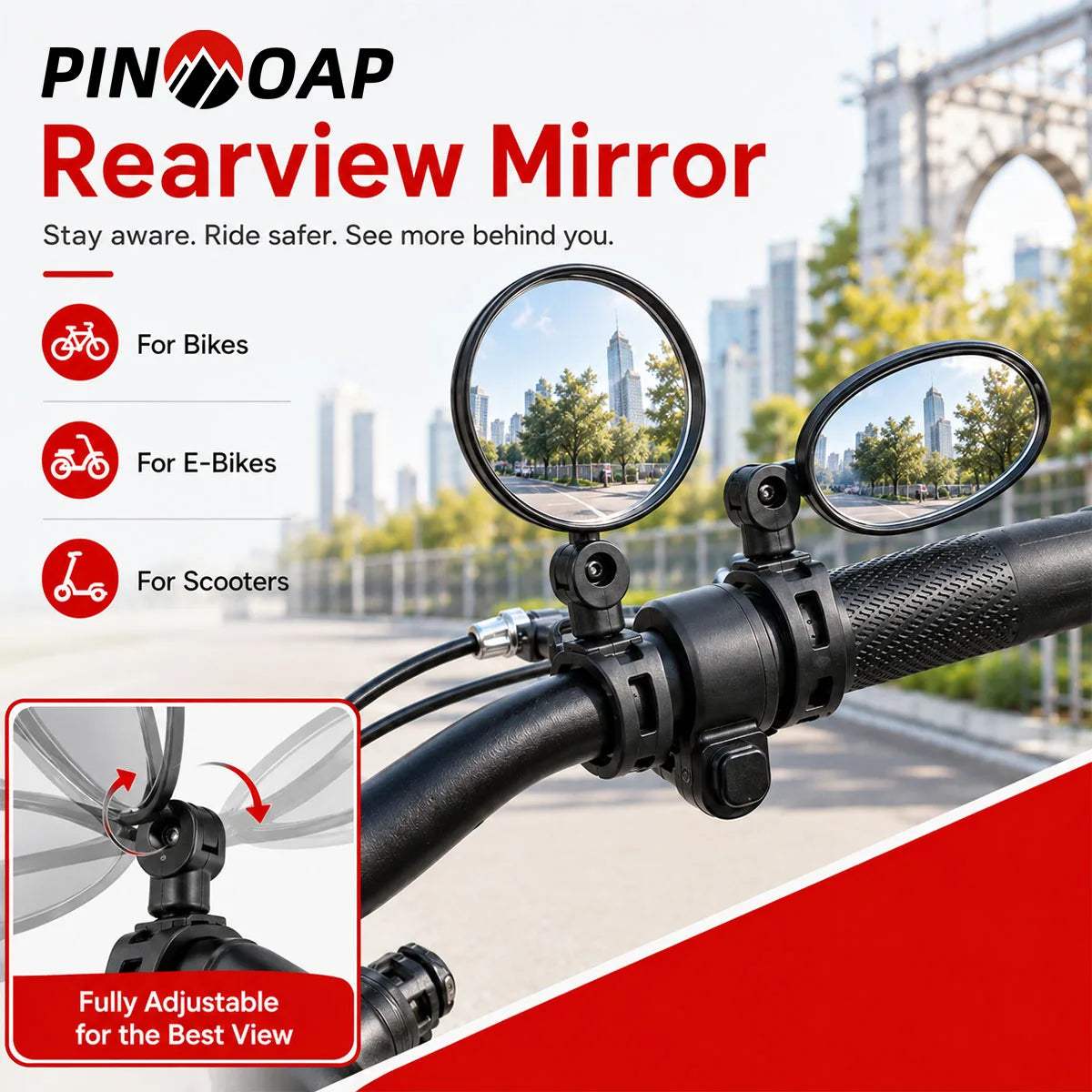 PINMOAP 2PCS Universal Bicycle Side Mirror Rear View Reflective Lens Adjustable Bar End Mirror For MTB Road Bike Commuter Riding