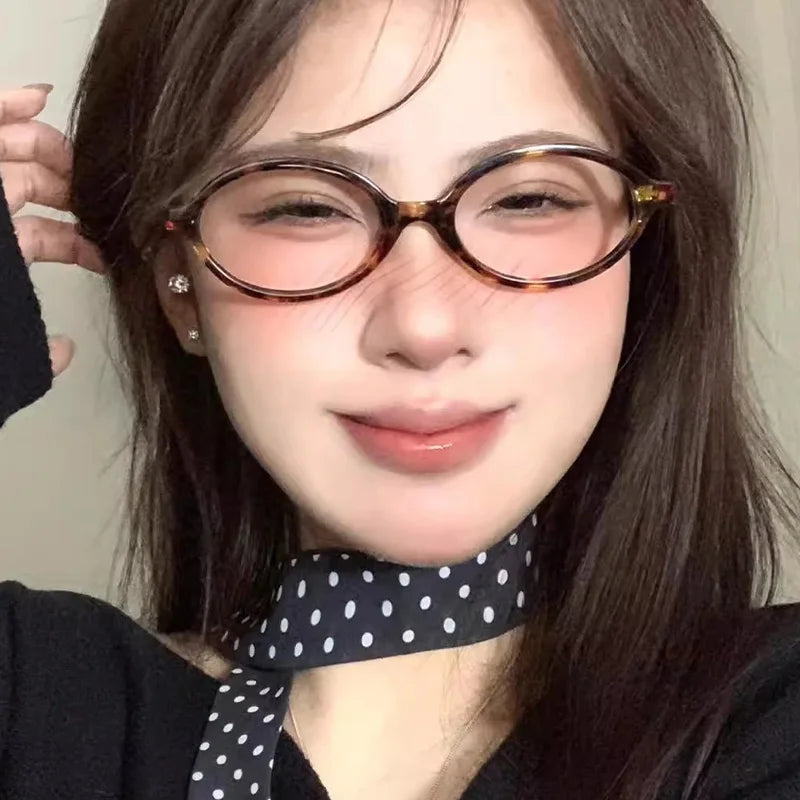 Japanese Black Leopard Print Glasses Retro Oval Frame Eyeglasses Sweet Cool Eyewear Trendy Reading Anti Blue Light Eyeglasses