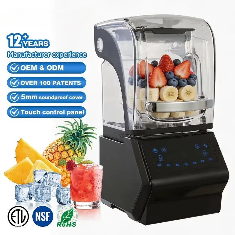 Professional Commercial Soundproof Blender with Noise Reduction Cover, Heavy Duty Smoothie Maker & Food Processor