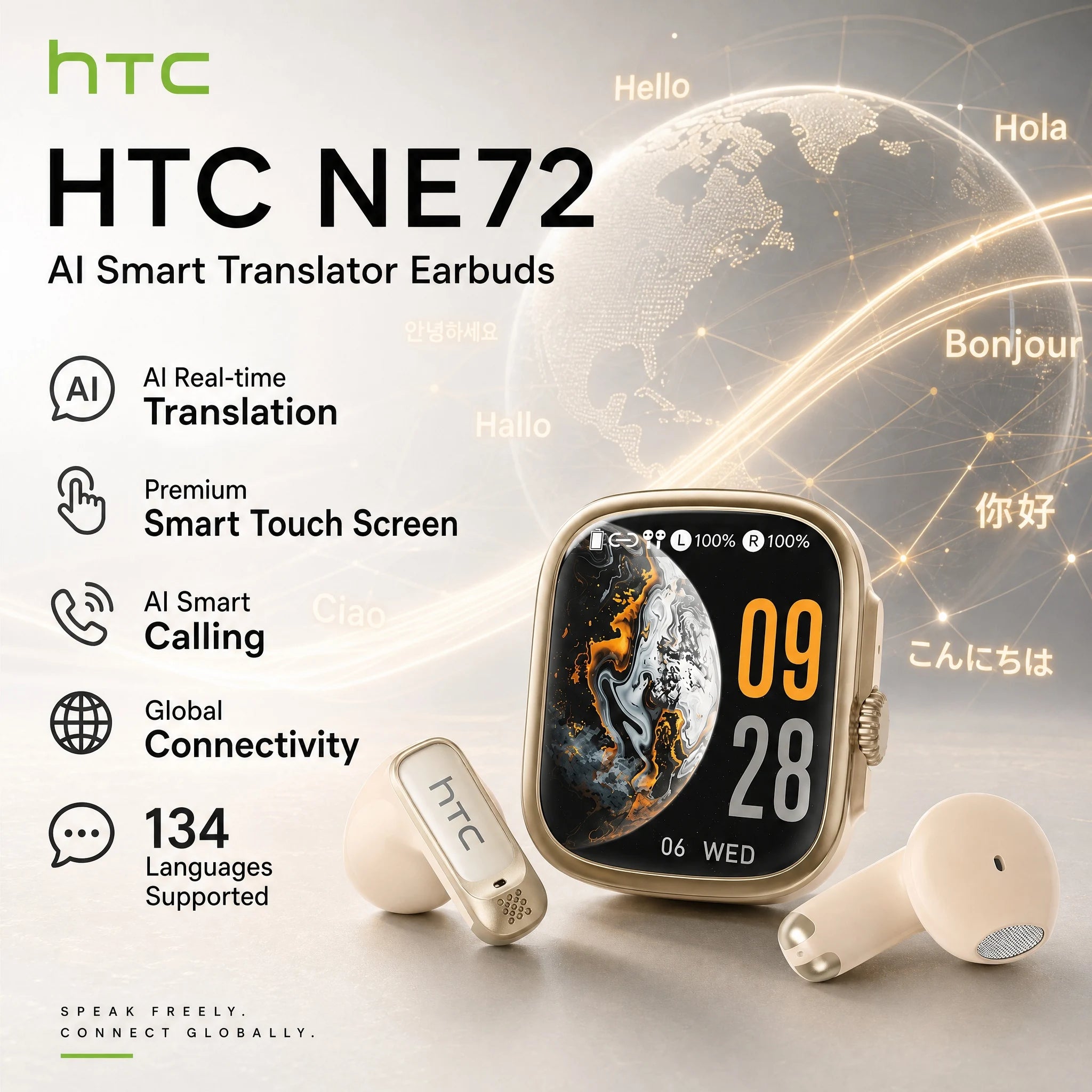 Écouteurs Traducteurs Intelligents HTC NE72 avec boîtier de charge à écran tactile .