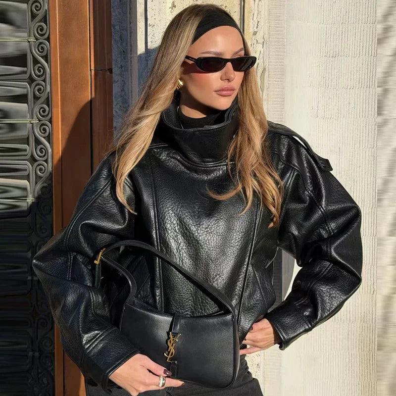Faux Leather Black Jackets For Woman New Arrival Cropped Oversize Bomber Jacket Zip-Up Long Sleeve Coats Motorcycle Jackets