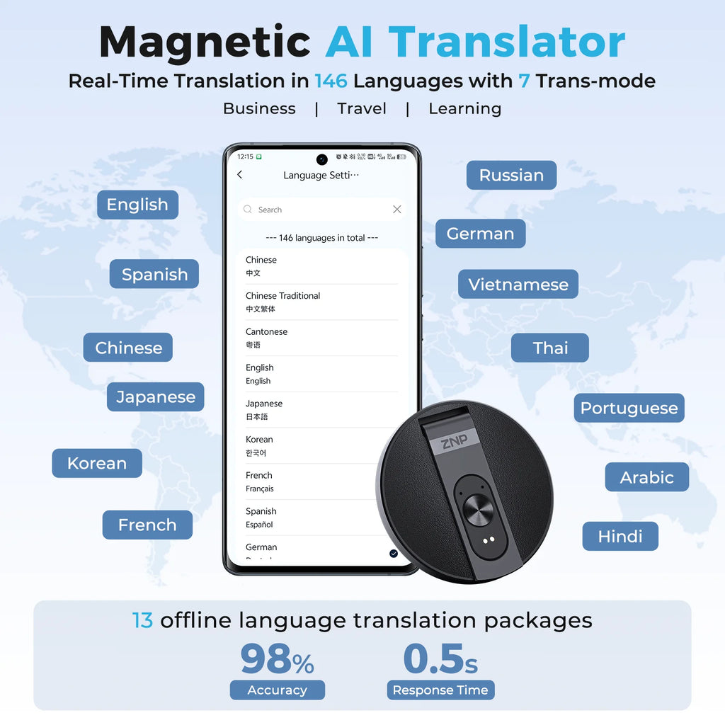 Wireless Bluetooth AI Voice Translator ZNP Magnetic Ultra-thin 150+ Languages Portable Phone Stand Supports Offline For Office