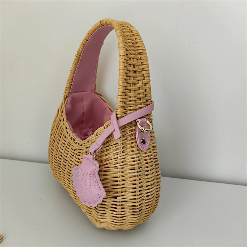 Summer Trend Design Willow Woven Handbag New Casual Handmade Woven Rattan Women's  Vacation Beach Drawstring  Crossbody Bag