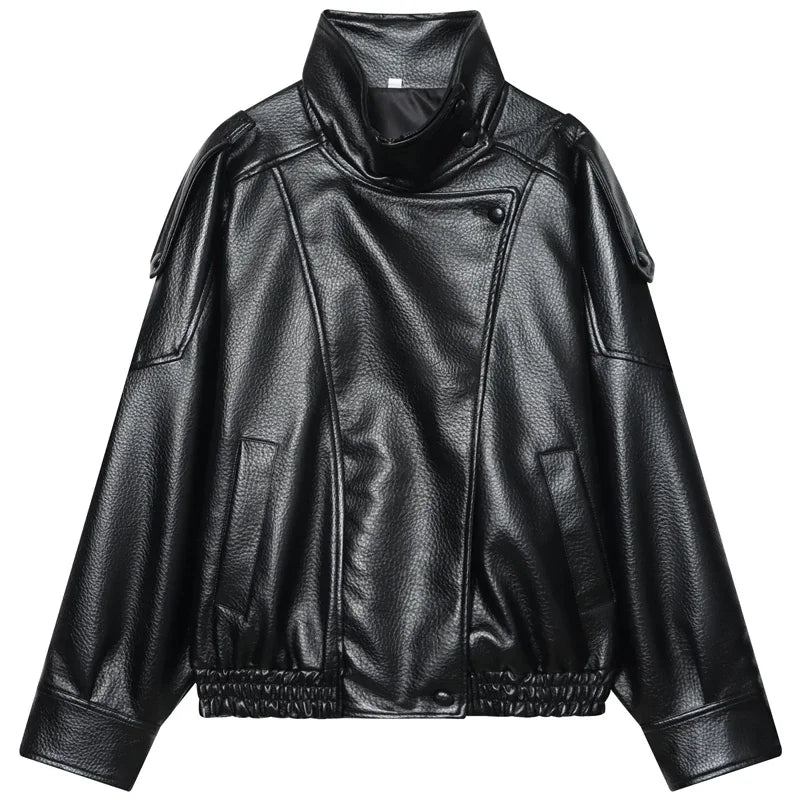 Faux Leather Black Jackets For Woman New Arrival Cropped Oversize Bomber Jacket Zip-Up Long Sleeve Coats Motorcycle Jackets