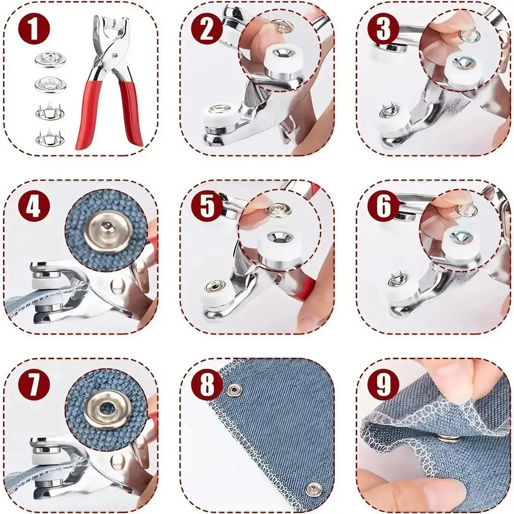 1Set 201Pcs Hand Pressed No Sew Five Claw Button Installation Tool Set Metal Snap Buttons Fasteners Pliers Kit for Baby Clothes Romper Sewing Crafting DIY Apparel Clothing Concealed Buckle Set