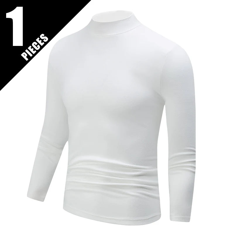 1/2piece Autumn And Winter Men's Semi High Neck Fashionable Base Long Sleeved Top Solid Color Casual Sports Fitness Warm T-shirt