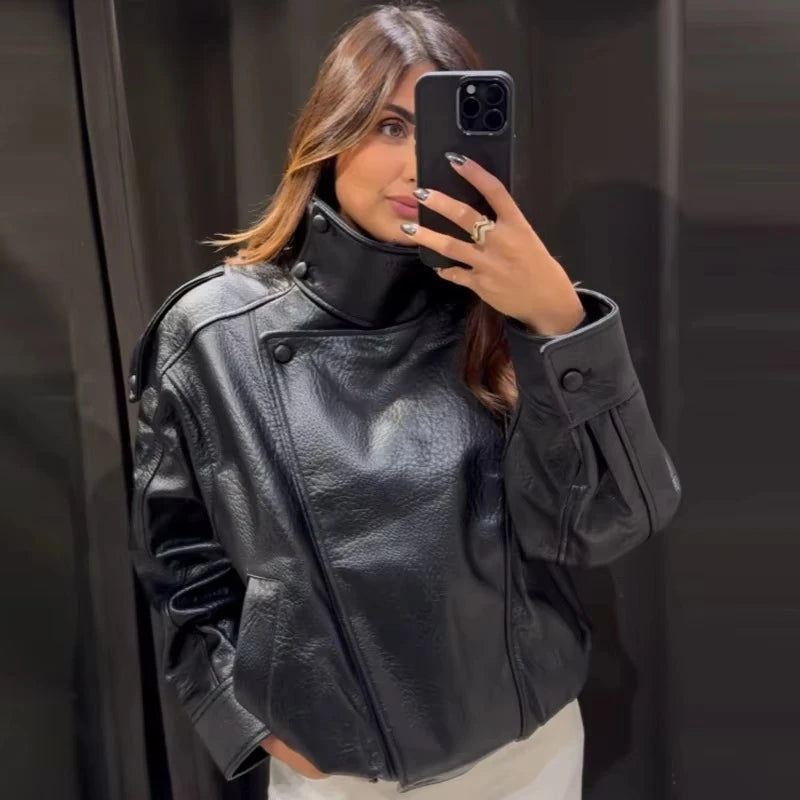 Faux Leather Black Jackets For Woman New Arrival Cropped Oversize Bomber Jacket Zip-Up Long Sleeve Coats Motorcycle Jackets