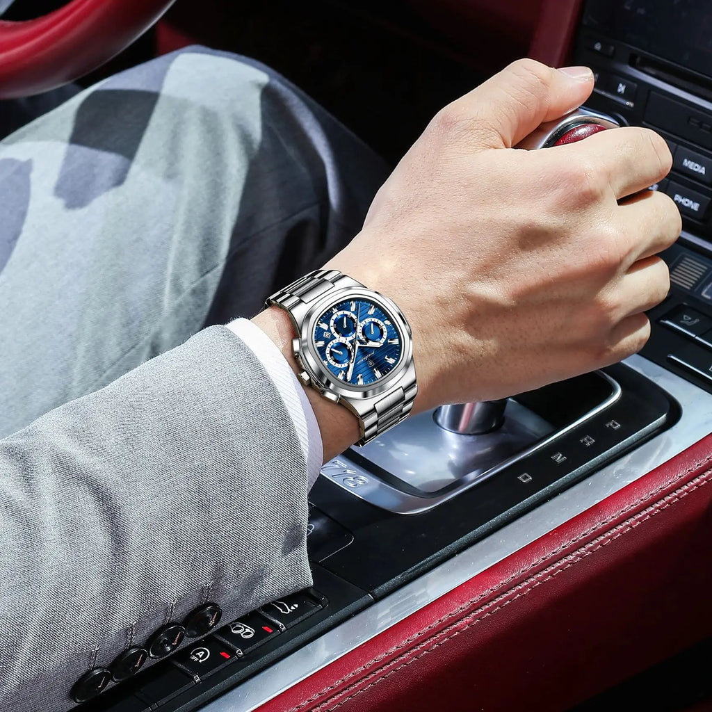 POEDAGAR Business Man Wristwatch Date Chronograph Waterproof Luminous Luxury Men Watch Stainless Steel Quartz Men's Watches Male
