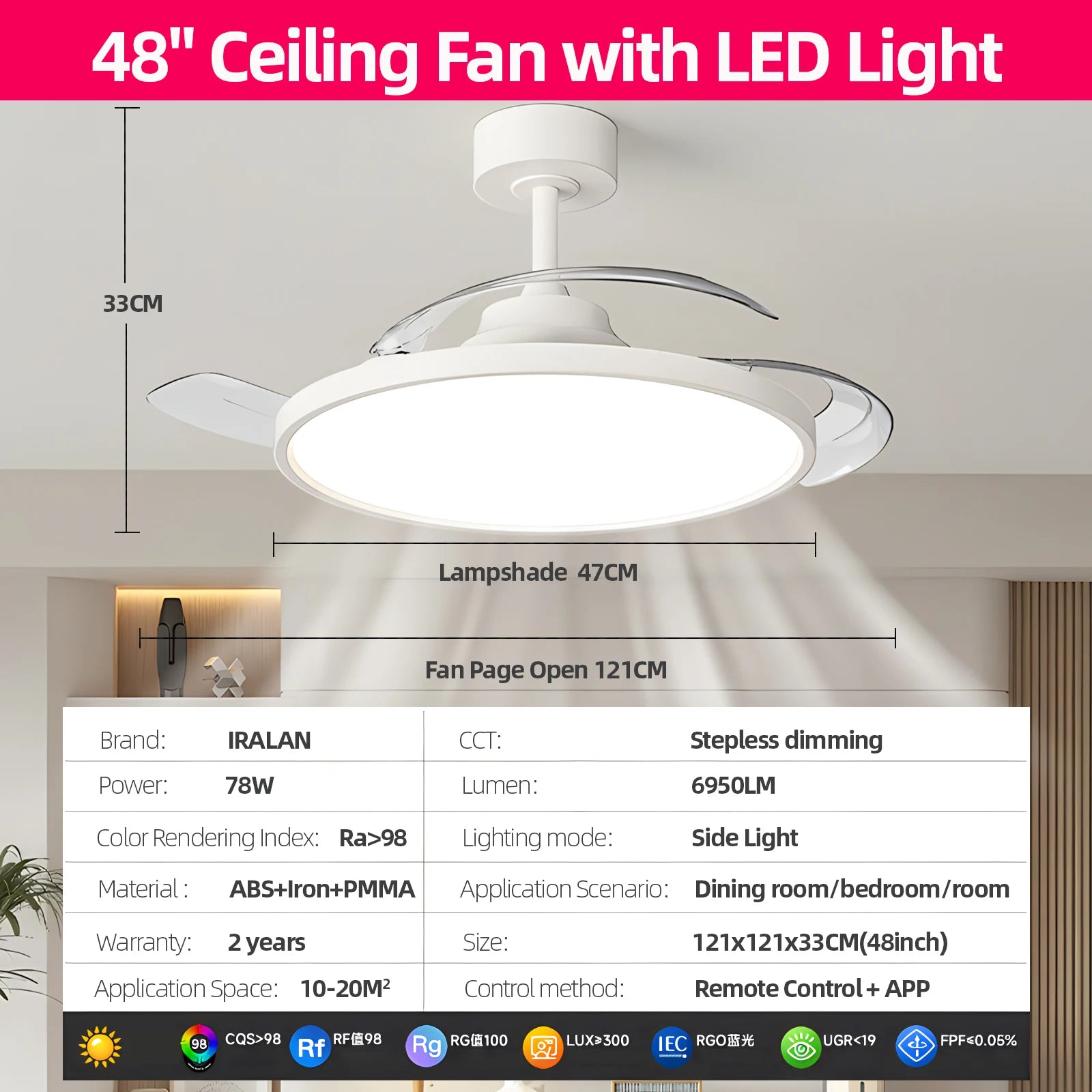 IRALAN Modern Invisible Ceiling Fan with LED Light DC motor Large Air Volume Remote Control for Bedroom Dining room