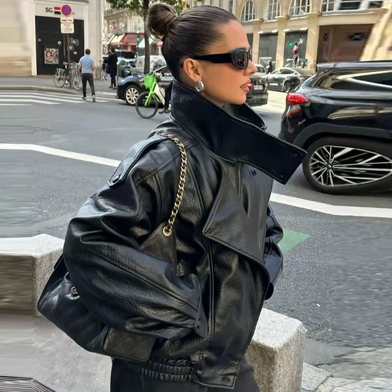Faux Leather Black Jackets For Woman New Arrival Cropped Oversize Bomber Jacket Zip-Up Long Sleeve Coats Motorcycle Jackets