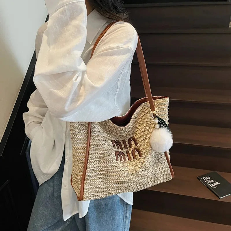 Summer Rainbow Woven Tote Bag for Women, Fashion Large Capacity Casual Versatile Vacation Style Shoulder & Underarm Bag
