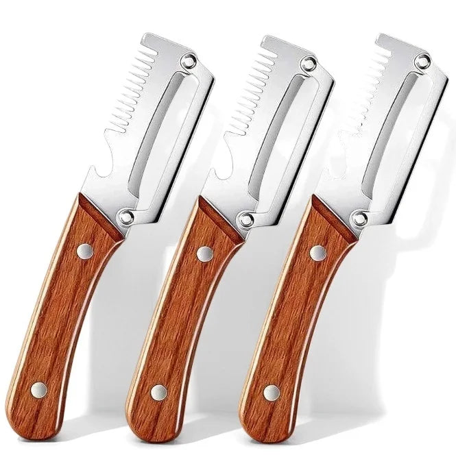 1/2/3/pcs Peeler Oak Three-in-one Stainless Steel Wooden Handle  For Peeling Slicing Onions Cutting Sugar Cane Cutting Fruits