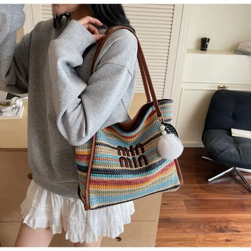 Summer Rainbow Woven Tote Bag for Women, Fashion Large Capacity Casual Versatile Vacation Style Shoulder & Underarm Bag