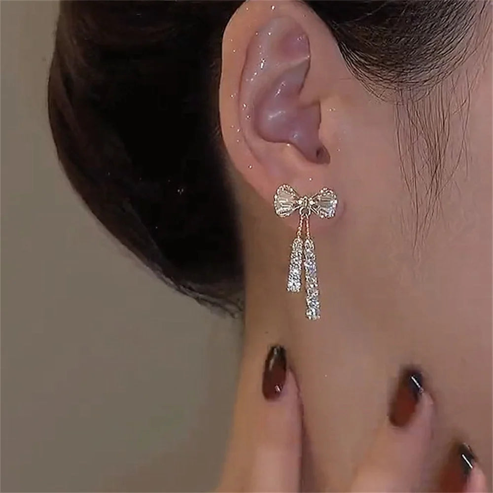 Fashion Zircon Bow Earrings Acrylic Crystal Tassel Earrings For Women Fashion Party Jewelry Trendy Accessories Gifts