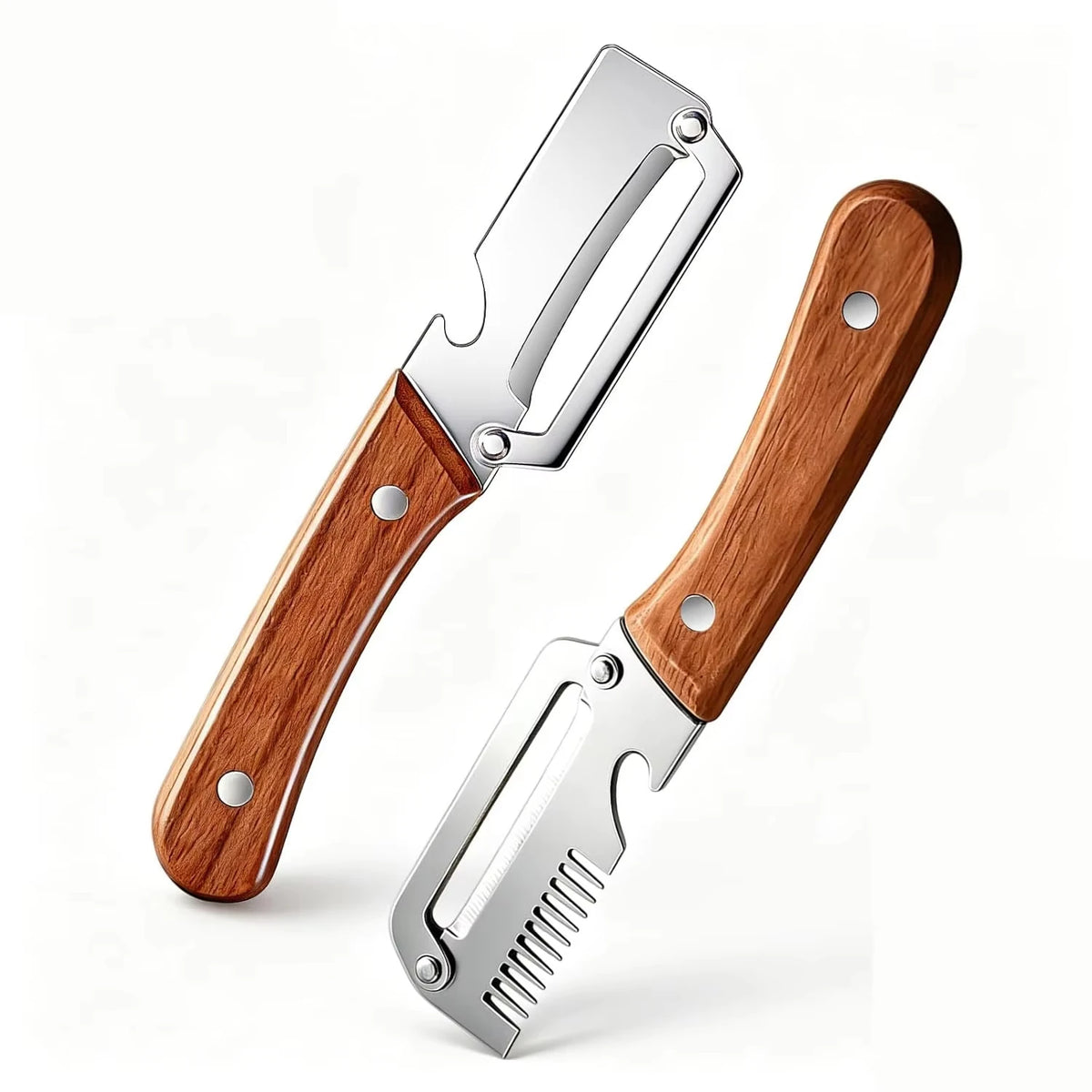 1/2/3/pcs Peeler Oak Three-in-one Stainless Steel Wooden Handle  For Peeling Slicing Onions Cutting Sugar Cane Cutting Fruits