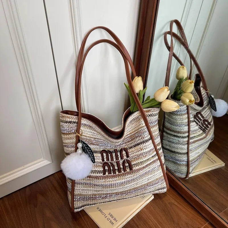 Summer Rainbow Woven Tote Bag for Women, Fashion Large Capacity Casual Versatile Vacation Style Shoulder & Underarm Bag