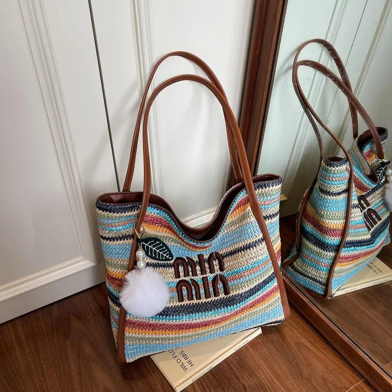 Summer Rainbow Woven Tote Bag for Women, Fashion Large Capacity Casual Versatile Vacation Style Shoulder & Underarm Bag