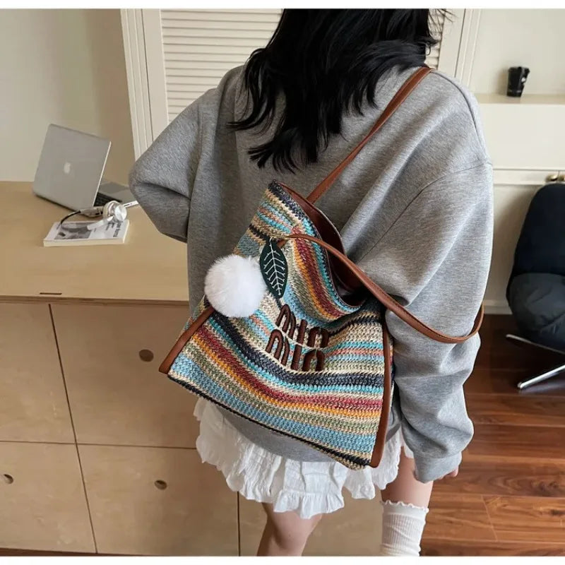 Summer Rainbow Woven Tote Bag for Women, Fashion Large Capacity Casual Versatile Vacation Style Shoulder & Underarm Bag