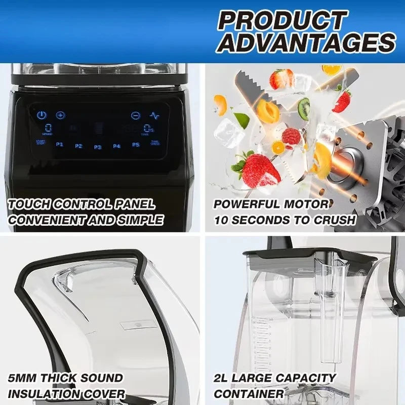 Professional Commercial Soundproof Blender with Noise Reduction Cover, Heavy Duty Smoothie Maker & Food Processor