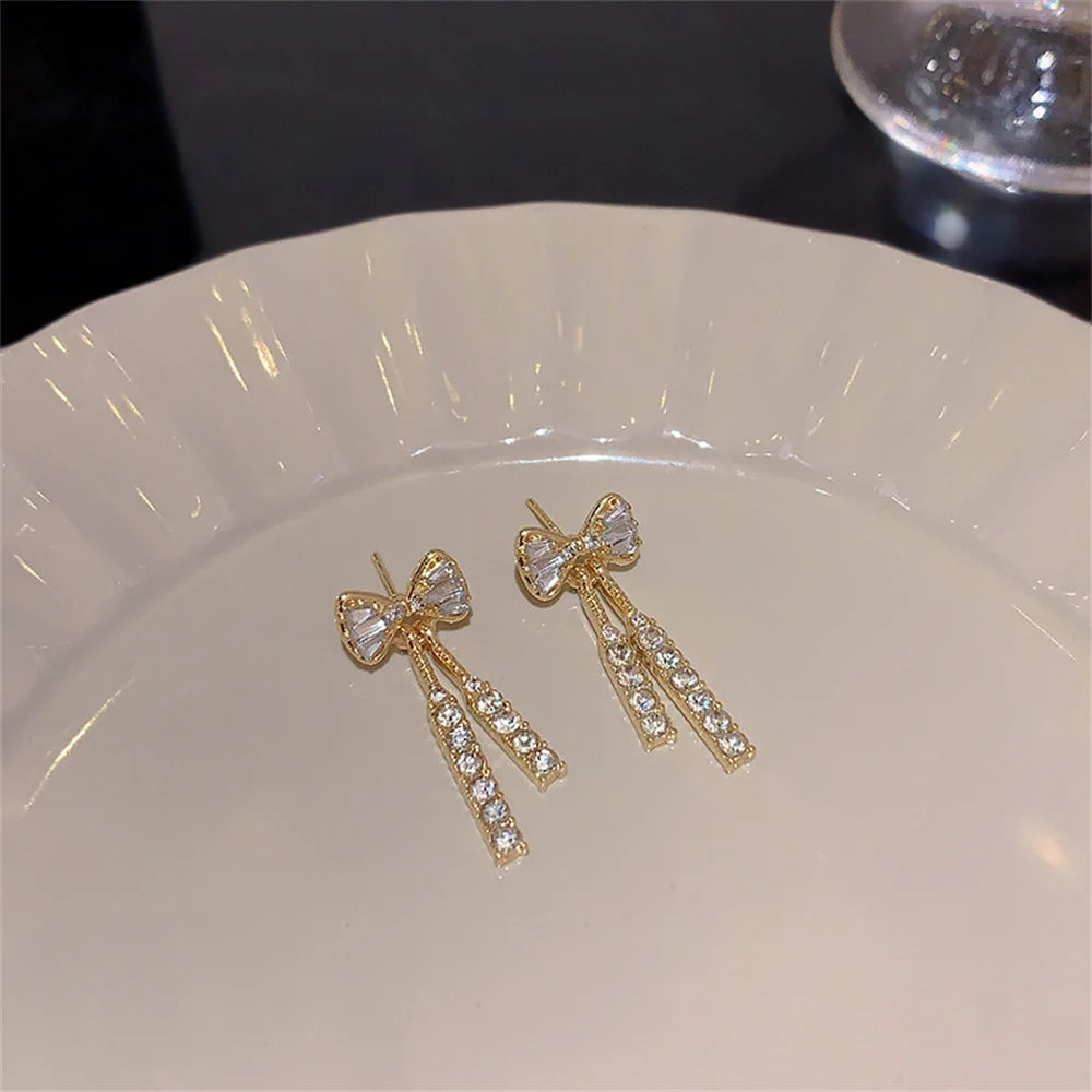 Fashion Zircon Bow Earrings Acrylic Crystal Tassel Earrings For Women Fashion Party Jewelry Trendy Accessories Gifts